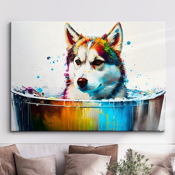 Husky In Bathtub Abstract Dog Pet Animal Painting Splatter Wall Art Framed Canvas Poster Print Home Kitchen Office Room Decor Gifts