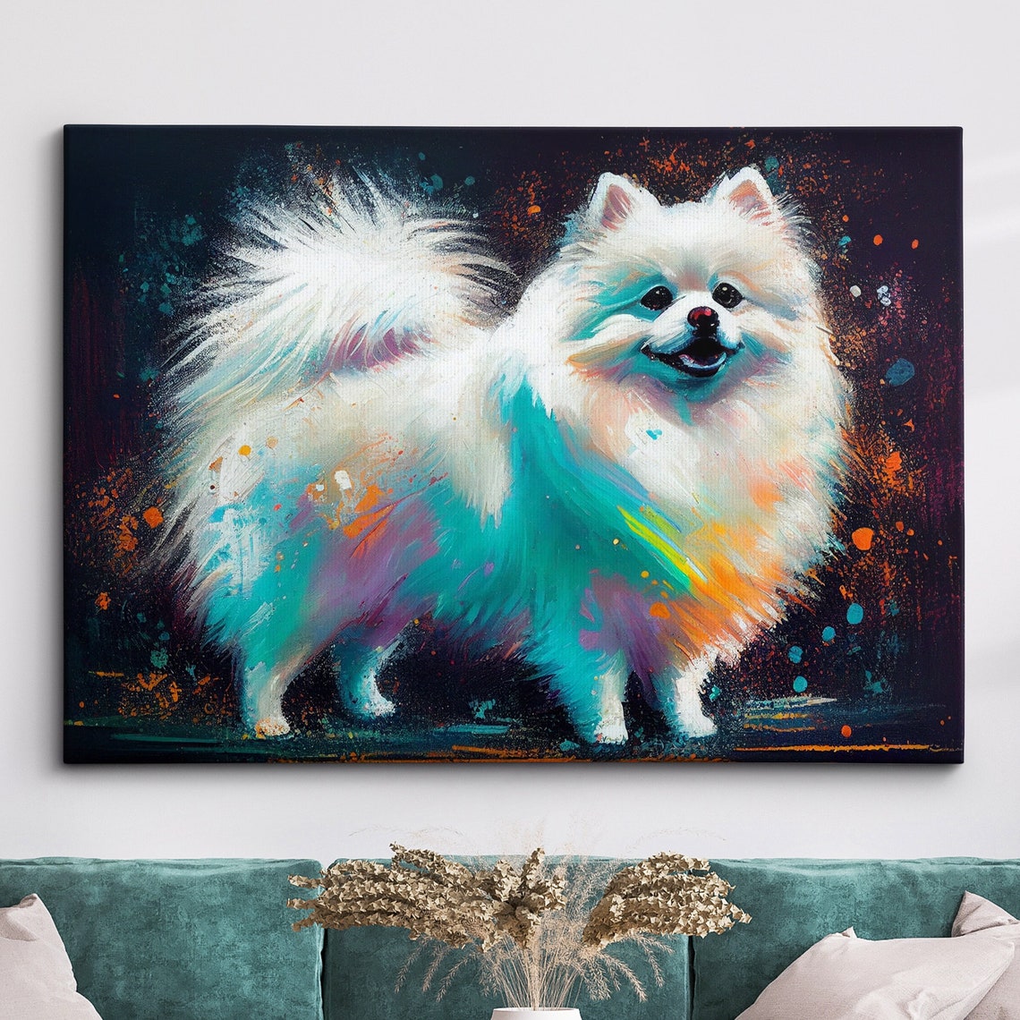 Fluffy White Pomeranian Colorful Paint Splash Portrait Art Poster