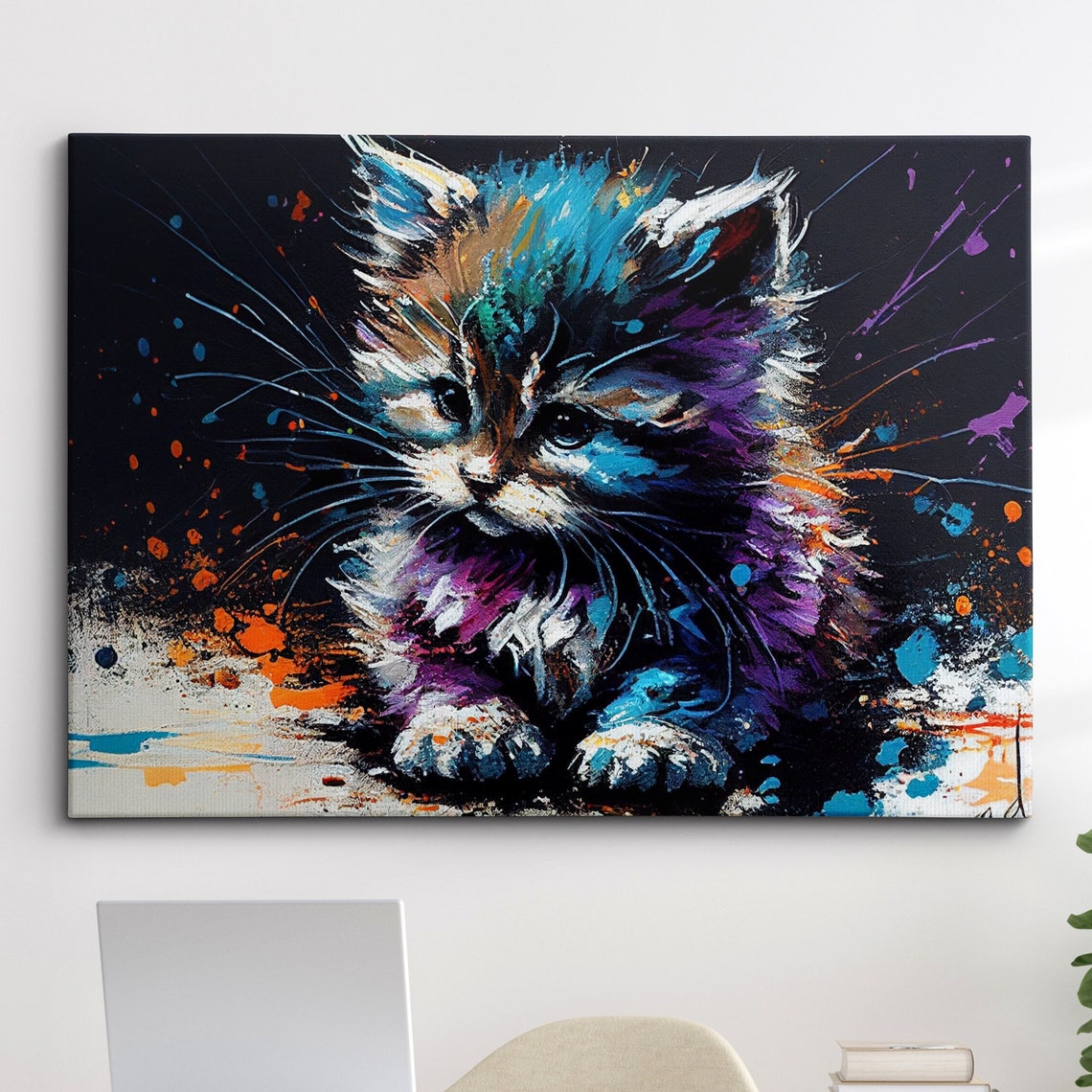 Cute Kitten Splatter Painting Colorful Cat On Black Wall Art
