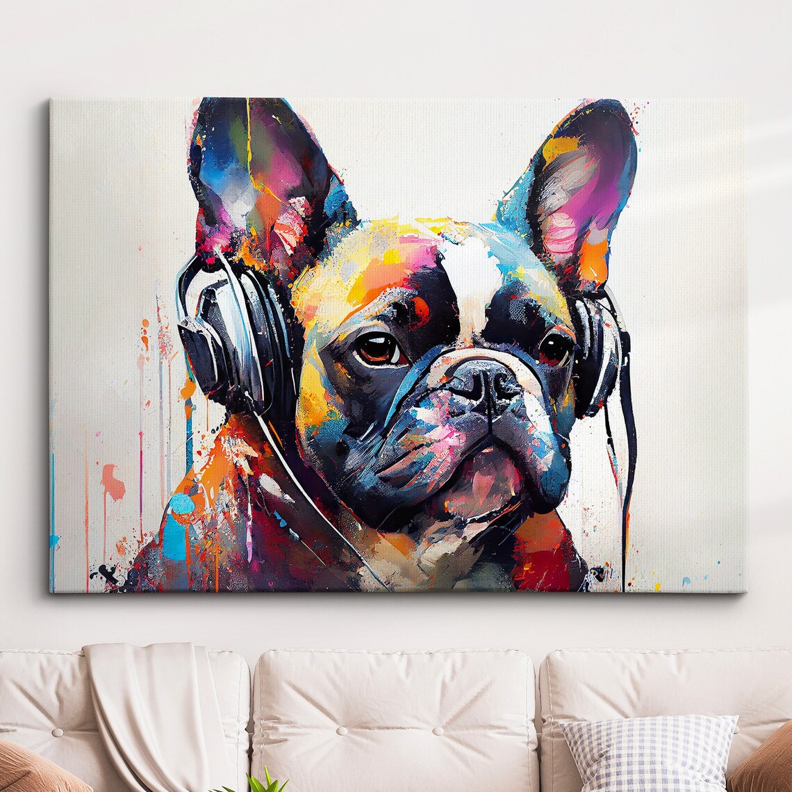 French Bulldog Wearing Headphones Colorful Pop Art Dog Poster