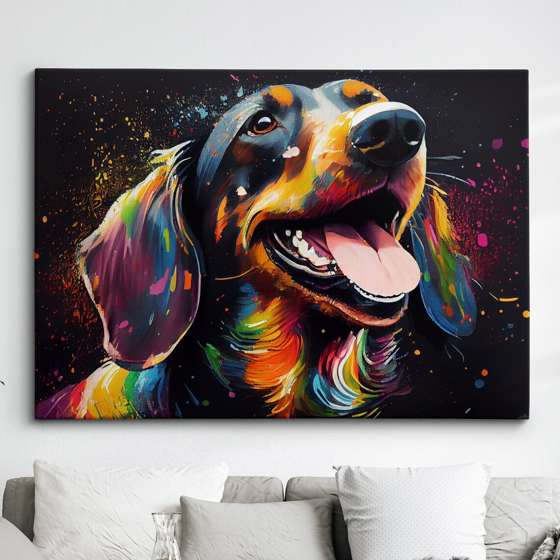 Happy Dachshund Dog Rainbow Pop Art Portrait Painting Poster