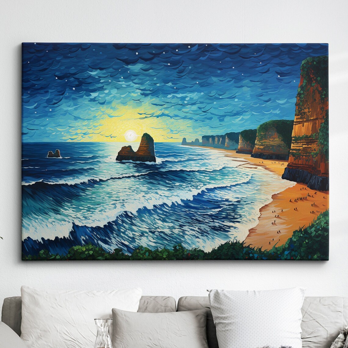 Starry Night Beach Cove Poster Ocean Cliffs Sunset Waves Oil Painting Scene