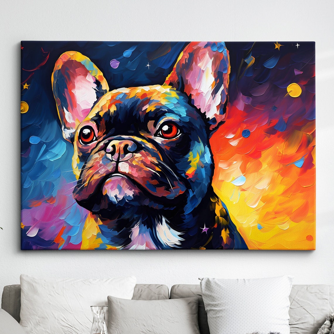 Colorful French Bulldog Dog Pet Abstract Modern Oil Painting Wall Art Framed Canvas Poster Print Home Kitchen Office Room Decor Gifts