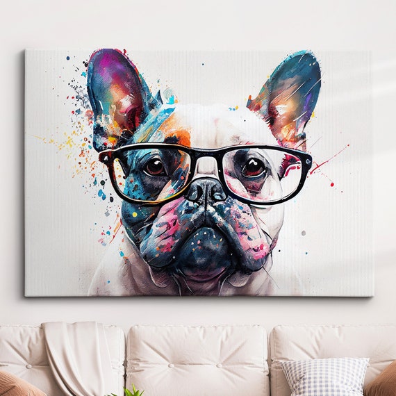 French Bulldog With Glasses Dog Pet Abstract Modern Painting Wall Art Framed Canvas Poster Print Home Kitchen Office Room Decor Gifts