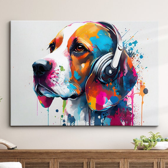 Beagle With Headphones Dog Pet Abstract Modern Painting Wall Art Framed Canvas Poster Print Home Kitchen Office Room Decor Gifts