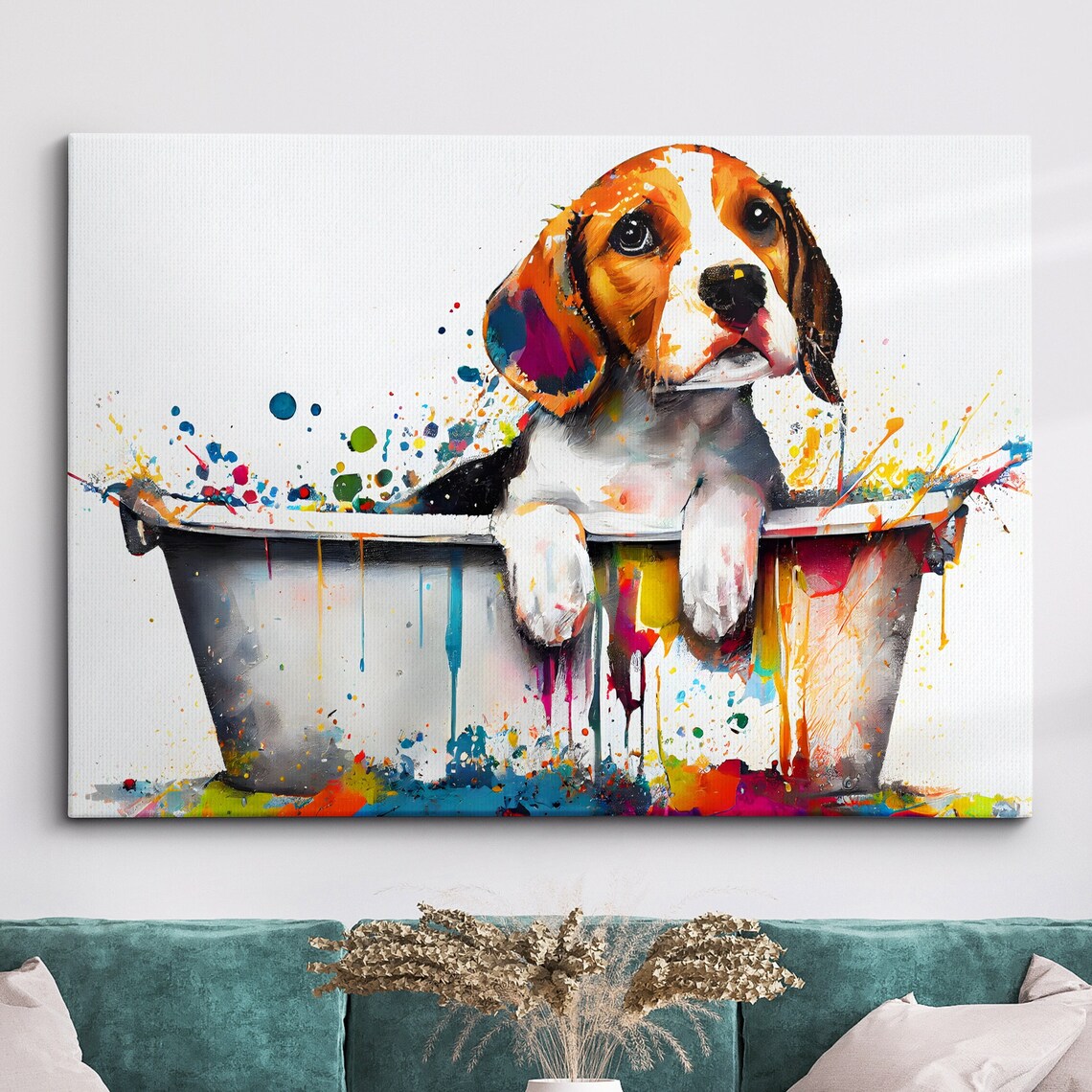 Beagle Puppy in Bathtub Colorful Watercolor Splash Art Poster