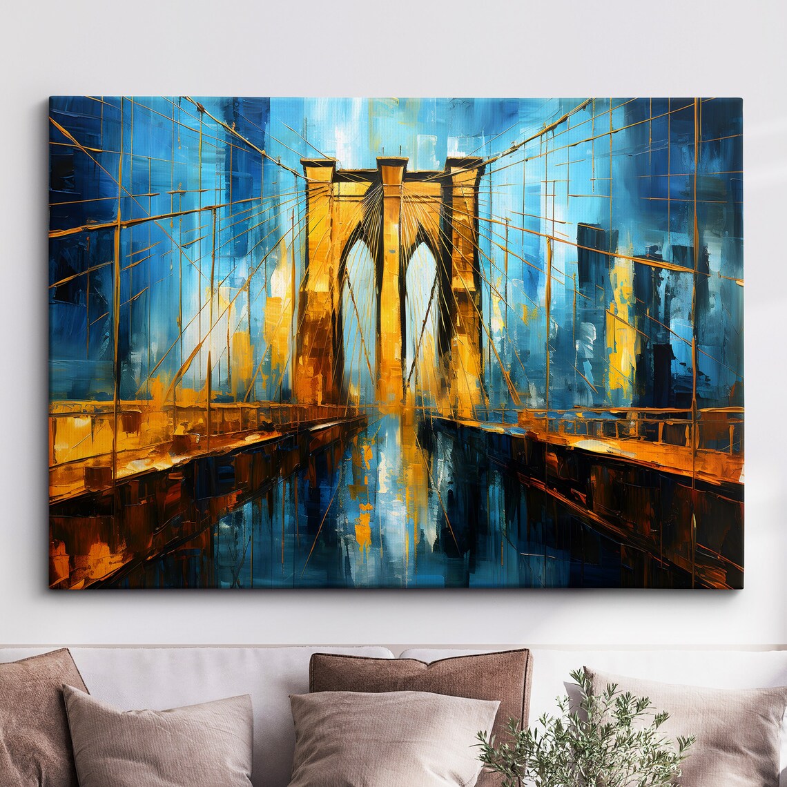 New York Brooklyn Bridge Abstract Oil Painting Blue and Gold Wall Poster