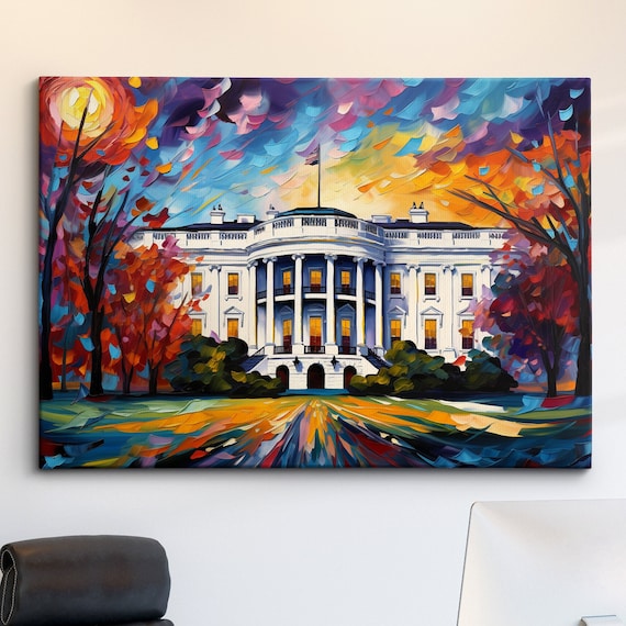 White House Sunset Impasto Colorful Landmark Oil Art Poster Decor