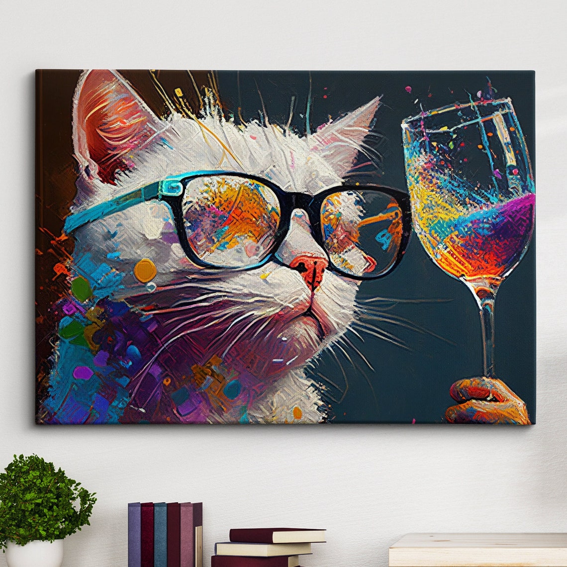 Cat Drinking Wine Pet Abstract Modern Painting Wall Art Framed Canvas Poster Print Home Kitchen Office Room Decor Gifts
