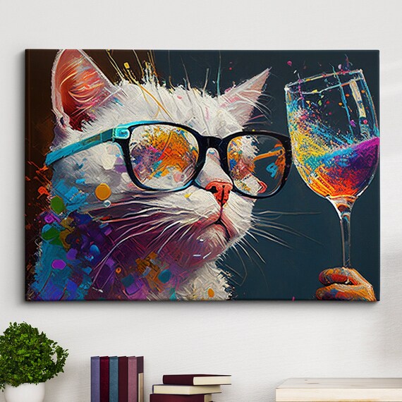White Cat Wearing Glasses Holding Wine Glass Funny Art Poster