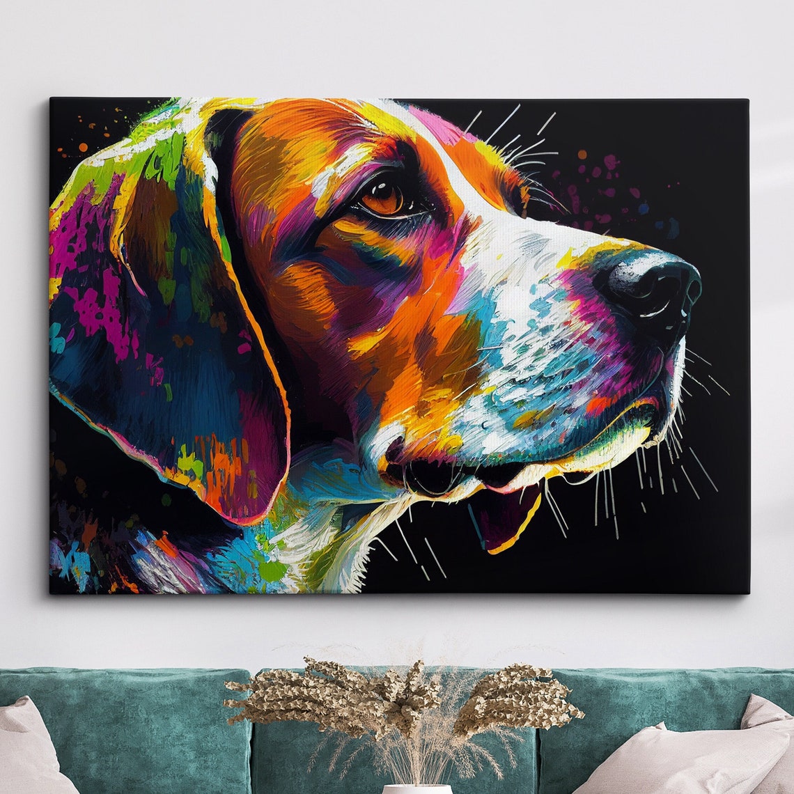 Beagle Dog Colorful Neon Splatter Painting On Black Canvas Print