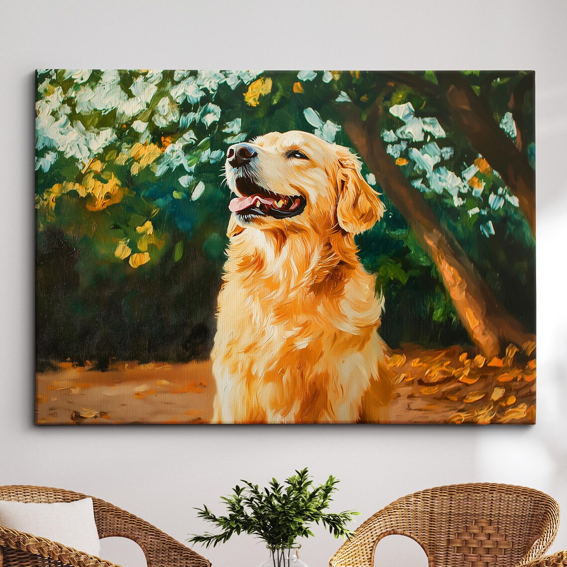 Golden Retriever Smiling in Green Garden Painted Dog Art Poster