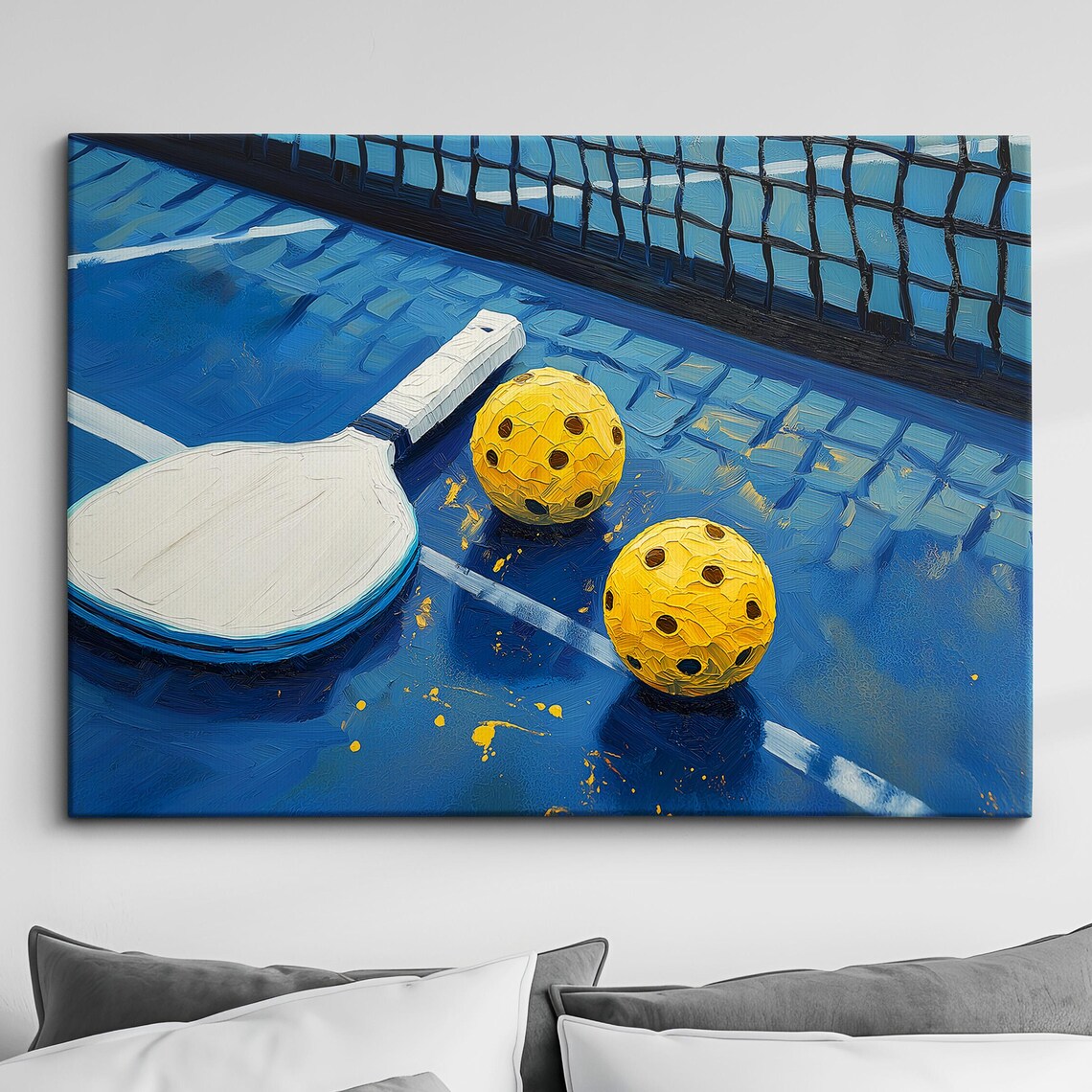 Pickleball Paddle and Yellow Balls Blue Court Oil Painting Poster