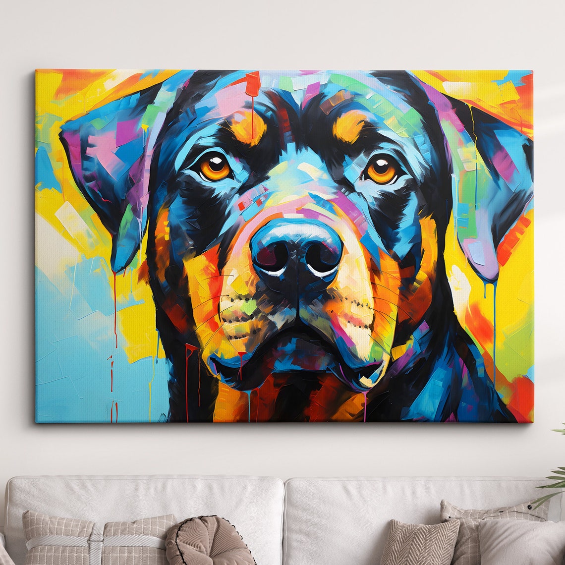 Rottweiler Face Neon Paint Splatter Modern Pop Art Wall Print