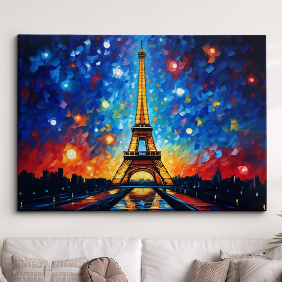 Eiffel Tower Paris Starry Night Colorful Mosaic Oil Painting Poster