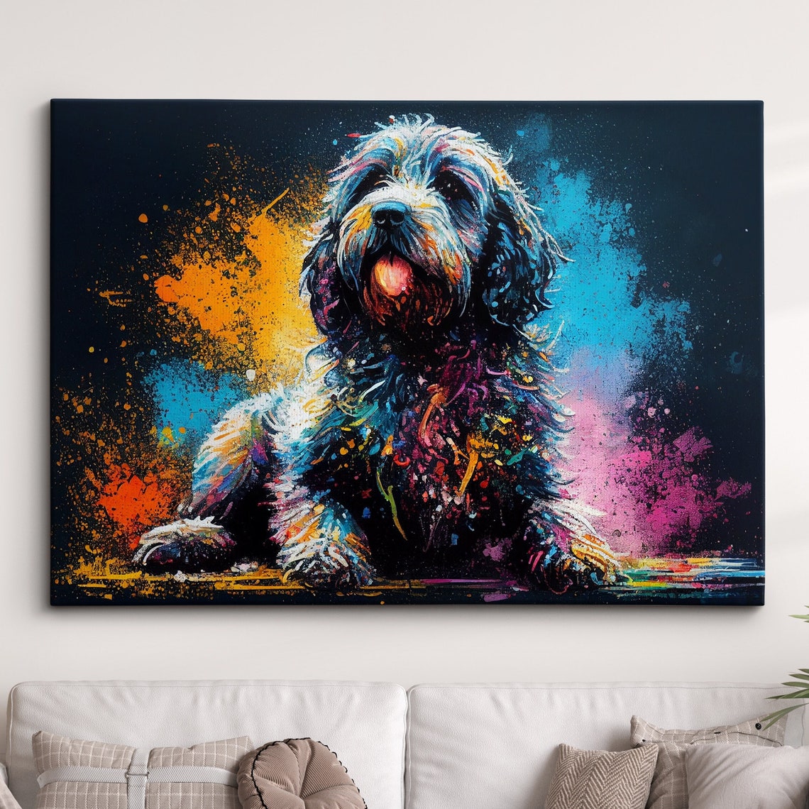 Colorful Cockapoo Dog Splatter Painting On Black Canvas Wall Art