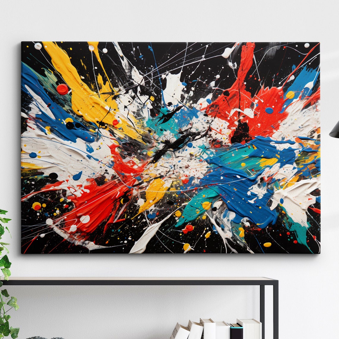 Bold Red Blue Yellow Splash Abstract on Black Statement Wall Art