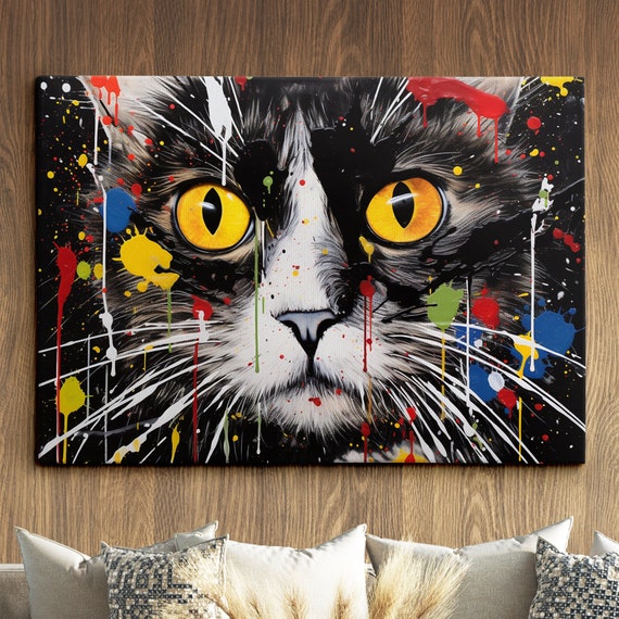 Black Cat Paint Splash Animal Pet Abstract Modern Painting Wall Art Framed Canvas Poster Print Home Kitchen Office Room Decor Gifts
