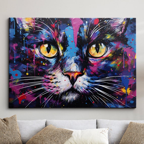 Black Cat Paint Splash Animal Pet Abstract Modern Painting Wall Art Framed Canvas Poster Print Home Kitchen Office Room Decor Gifts