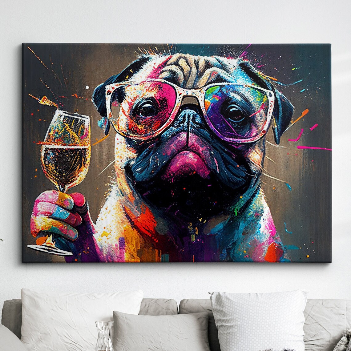 Pug Drinking Wine Wearing Sunglasses Party Pop Art Portrait Poster