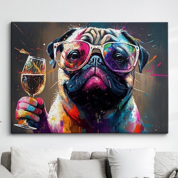 Pug Drinking Wine Fun Animal Dog Pet Lover Abstract Oil Painting Wall Art Framed Canvas Poster Print Home Kitchen Office Room Decor Gifts