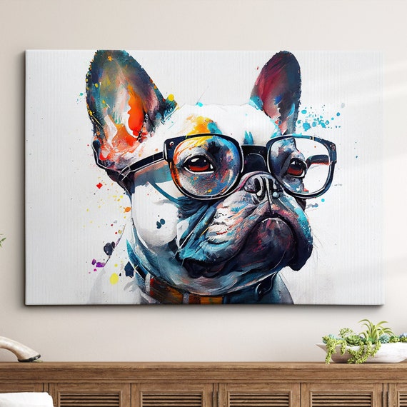 French Bulldog With Glasses Dog Pet Abstract Modern Painting Wall Art Framed Canvas Poster Print Home Kitchen Office Room Decor Gifts