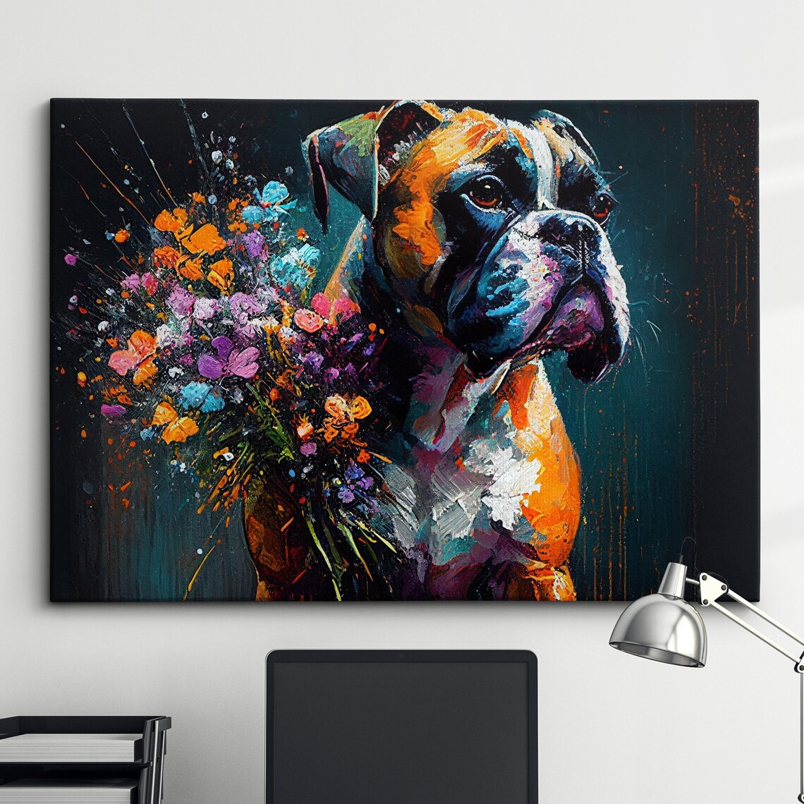 Boxer Dog With Wildflowers Colorful Oil Painting Pet Portrait Poster
