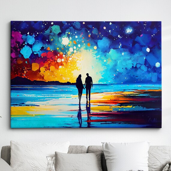 Couple Walking Beach Starry Night Abstract Oil Painting Style Wall Art Framed Canvas Poster Print Home Kitchen Office Room Decor Gifts