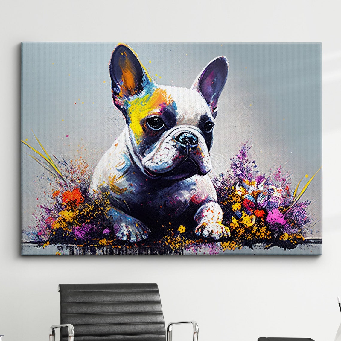 French Bulldog Puppy Surrounded By Flowers Colorful Art Poster