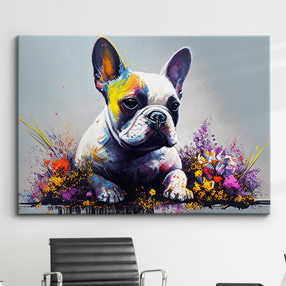 French Bulldog With Flowers Dog Pet Abstract Modern Oil Painting Wall Art Framed Canvas Poster Print Home Kitchen Office Room Decor Gifts