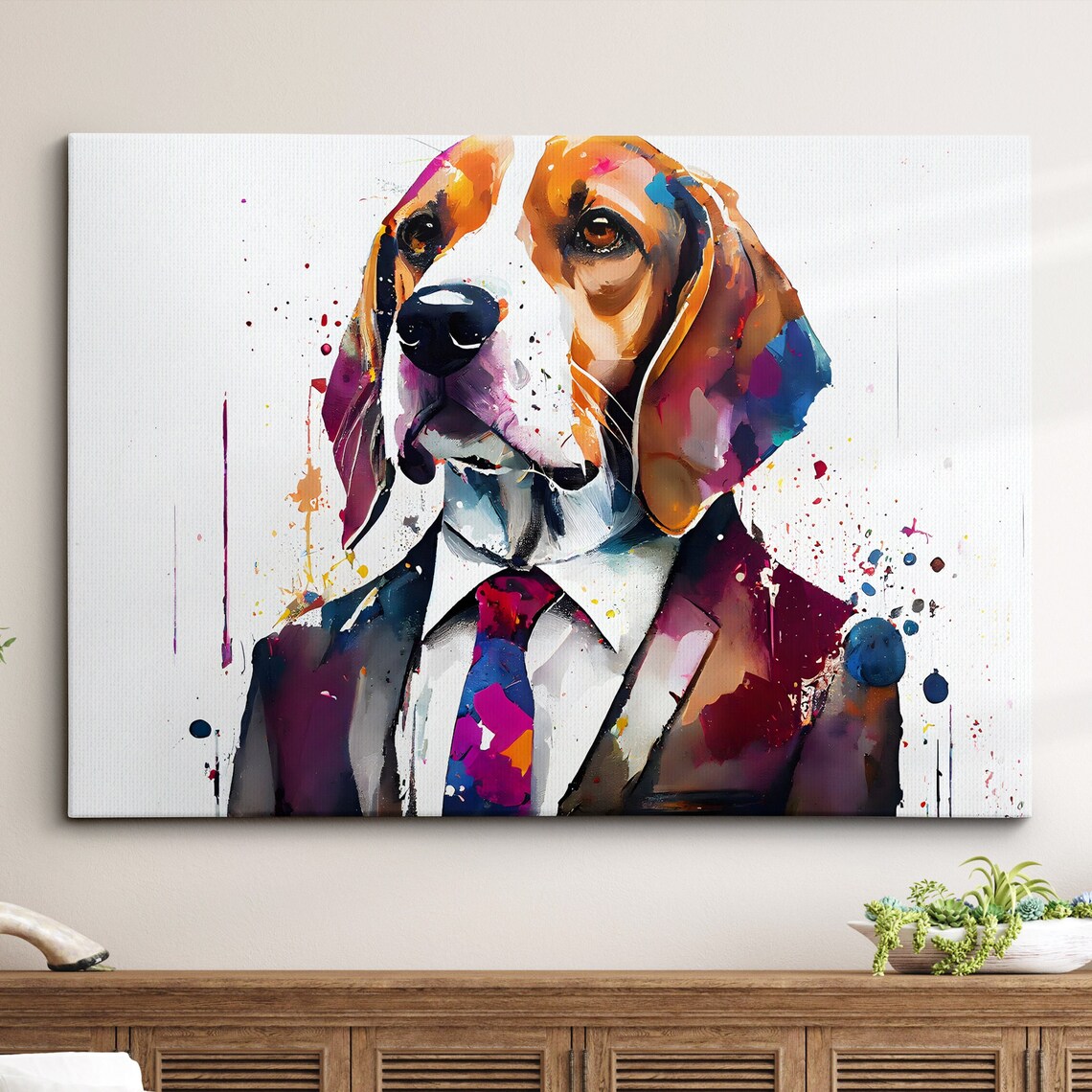 Beagle in Suit and Tie Colorful Watercolor Dog Portrait Poster