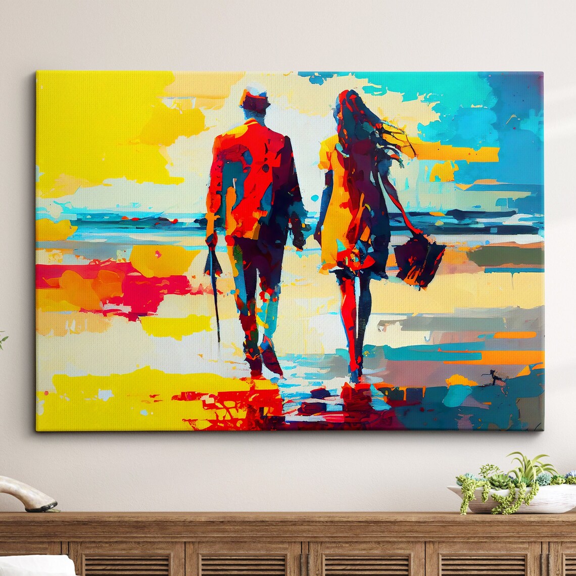 Couple Walking On The Beach Colorful Abstract Oil Painting Poster
