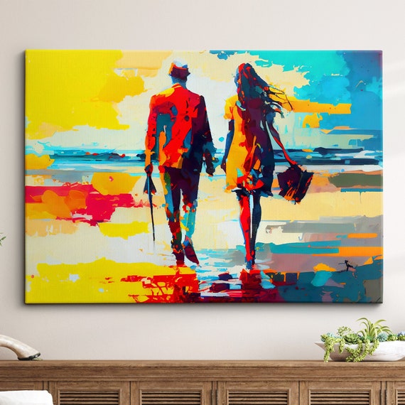 Couple Walking On The Beach Abstract Oil Painting Style Wall Art Framed Canvas Poster Print Home Kitchen Office Room Decor Gifts