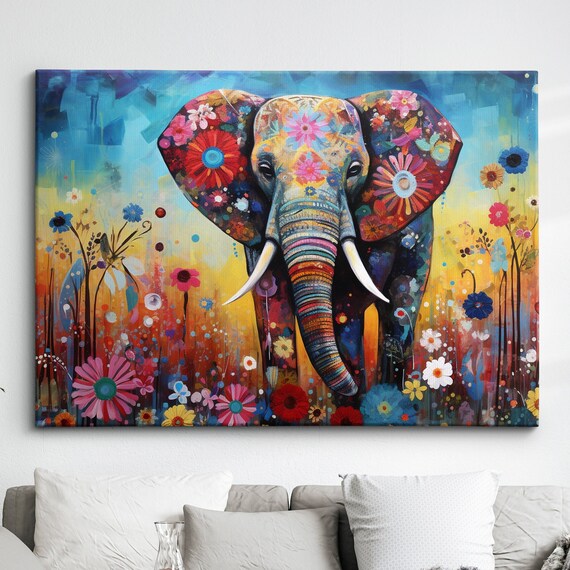 Elephant Animal Abstract Oil Painting Colourful Paint Splatter Style Wall Art Framed Canvas Poster Print Homeoffice Room Decor Gifts