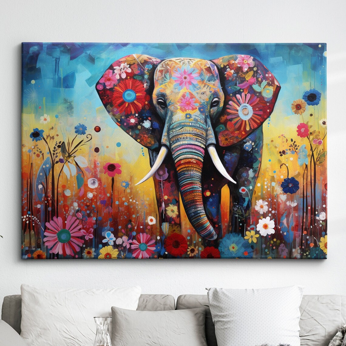 Colorful Floral Elephant in Wildflower Meadow Modern Art Poster