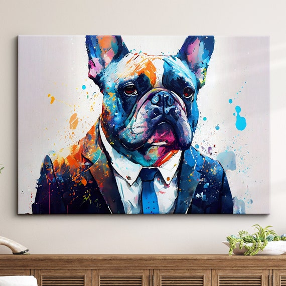 French Bulldog In Suit Dog Pet Abstract Modern Painting Wall Art Framed Canvas Poster Print Home Kitchen Office Room Decor Gifts