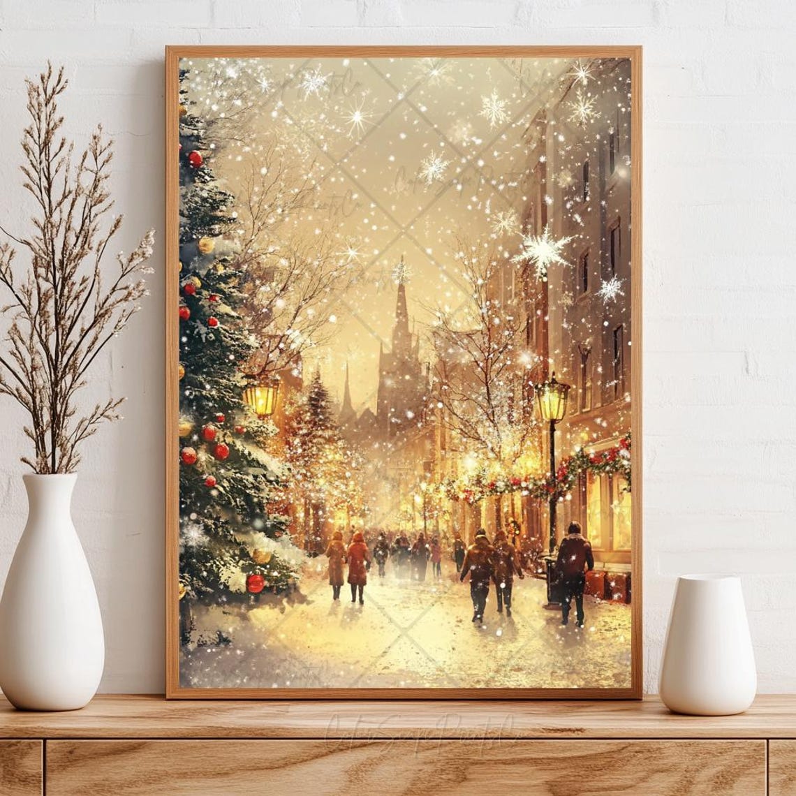 Golden Christmas Tree Print Snowy Village Christmas Town Print Winter Village Print Winter Landscape Art Holiday Wall Art Winter Wall Art - Image 2