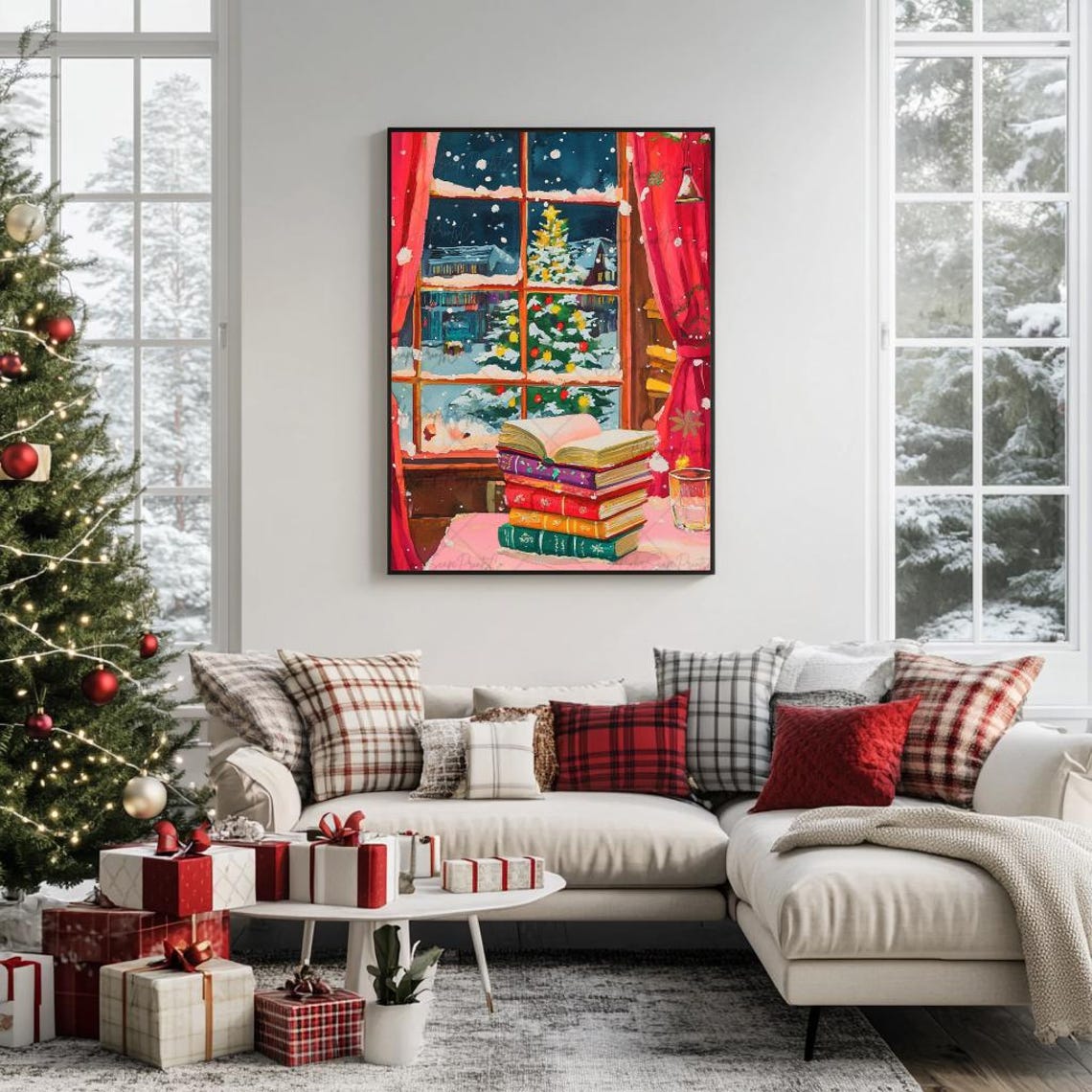Christmas Reading Books Snowy Window Tree Cozy Holiday Poster - Image 2