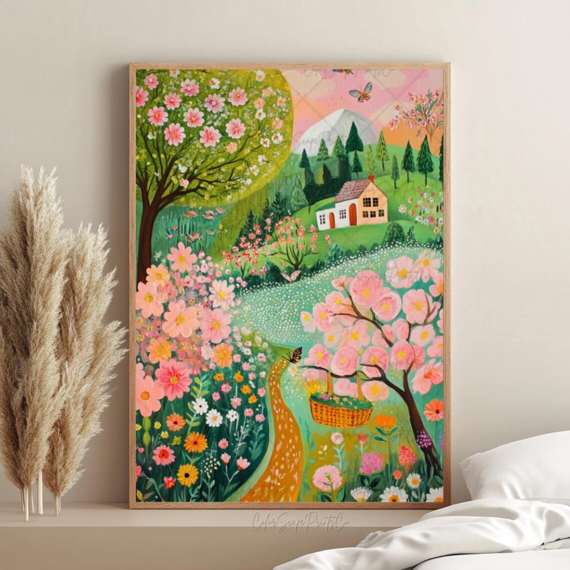 Hilltop Cottage Garden Painting Pink Blossom Spring Landscape Poster - Image 4