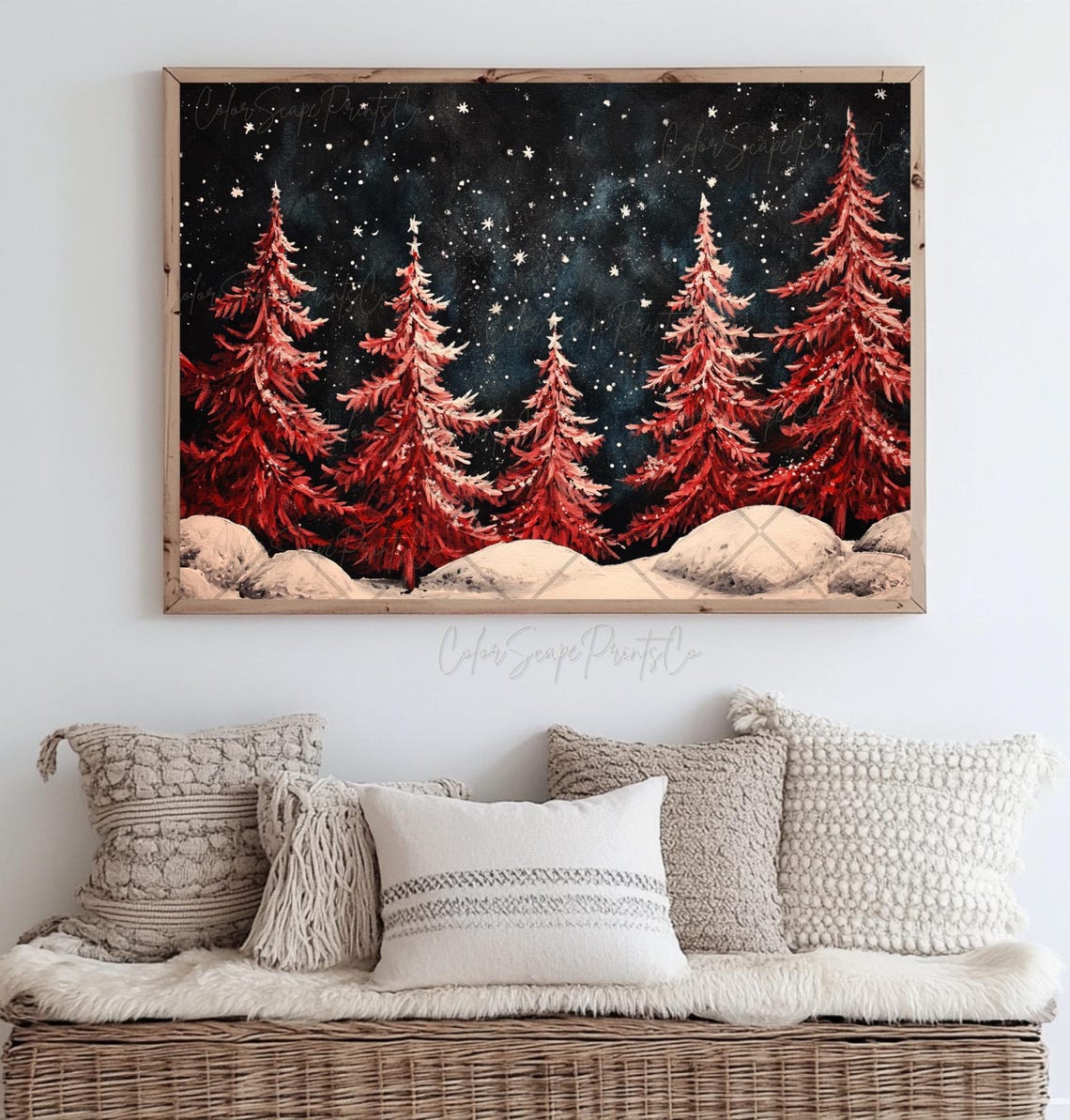 Red Christmas Trees in Snow Under Starry Black Night Sky Art Poster - Image 4