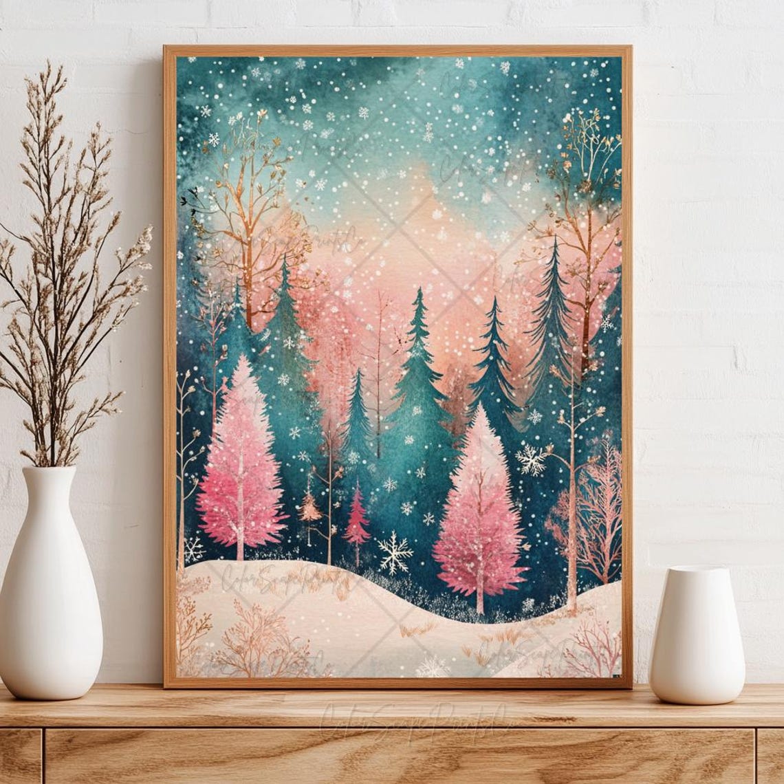 Pink Winter Forest Snowy Whimsical Christmas Trees Poster Art - Image 2