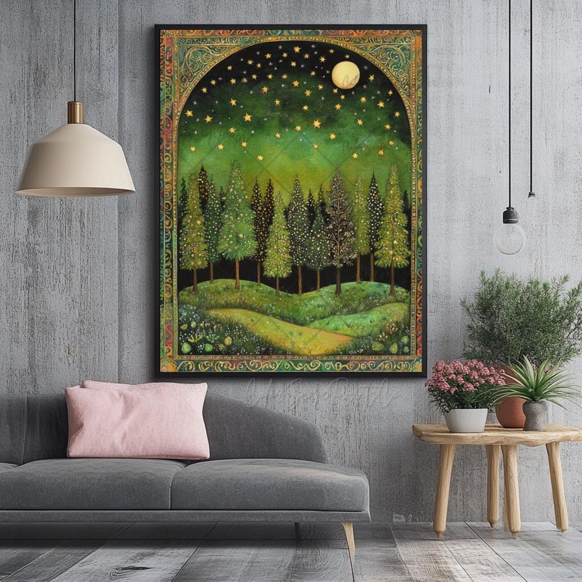 Enchanted Forest Full Moon Gold Stars Ornate Border Art Poster - Image 2