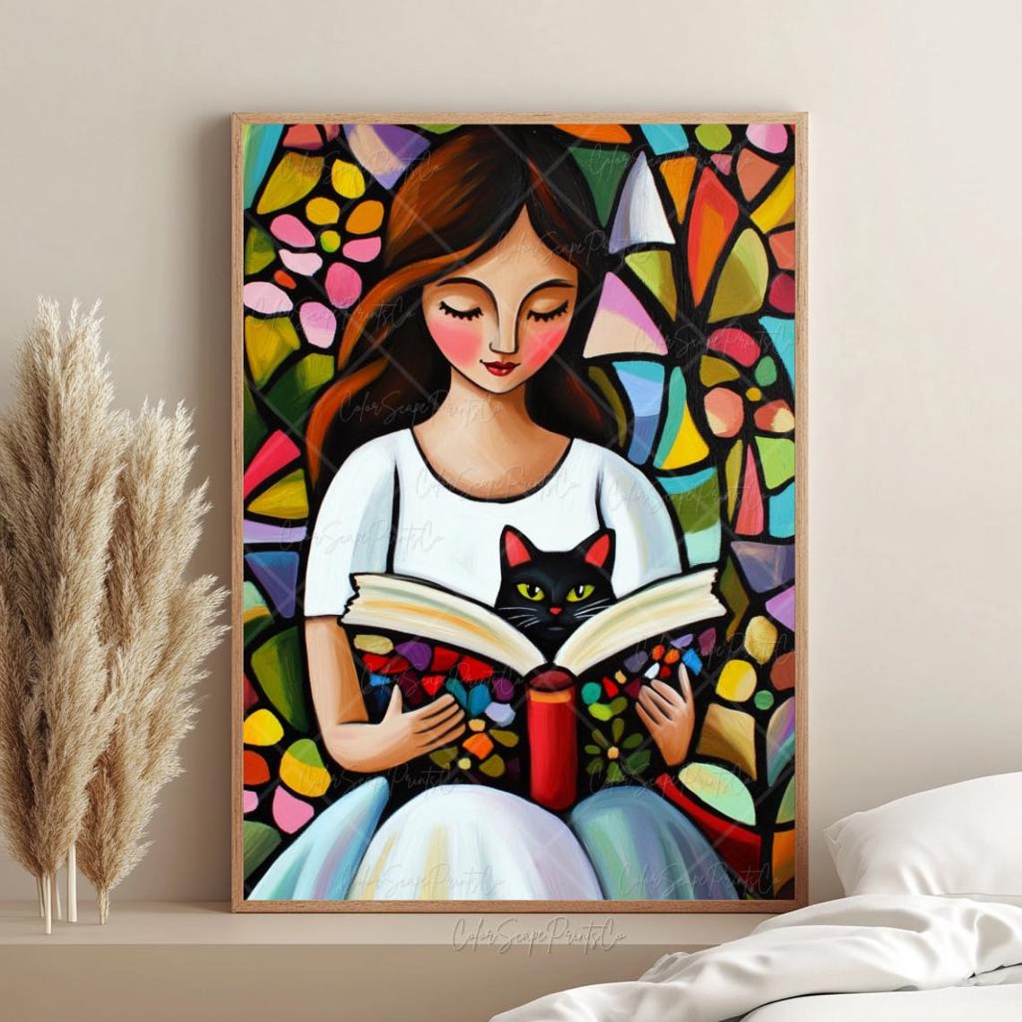 Reading Woman Black Cat Stained Glass Painting Book Lovers Wall Art - Image 4