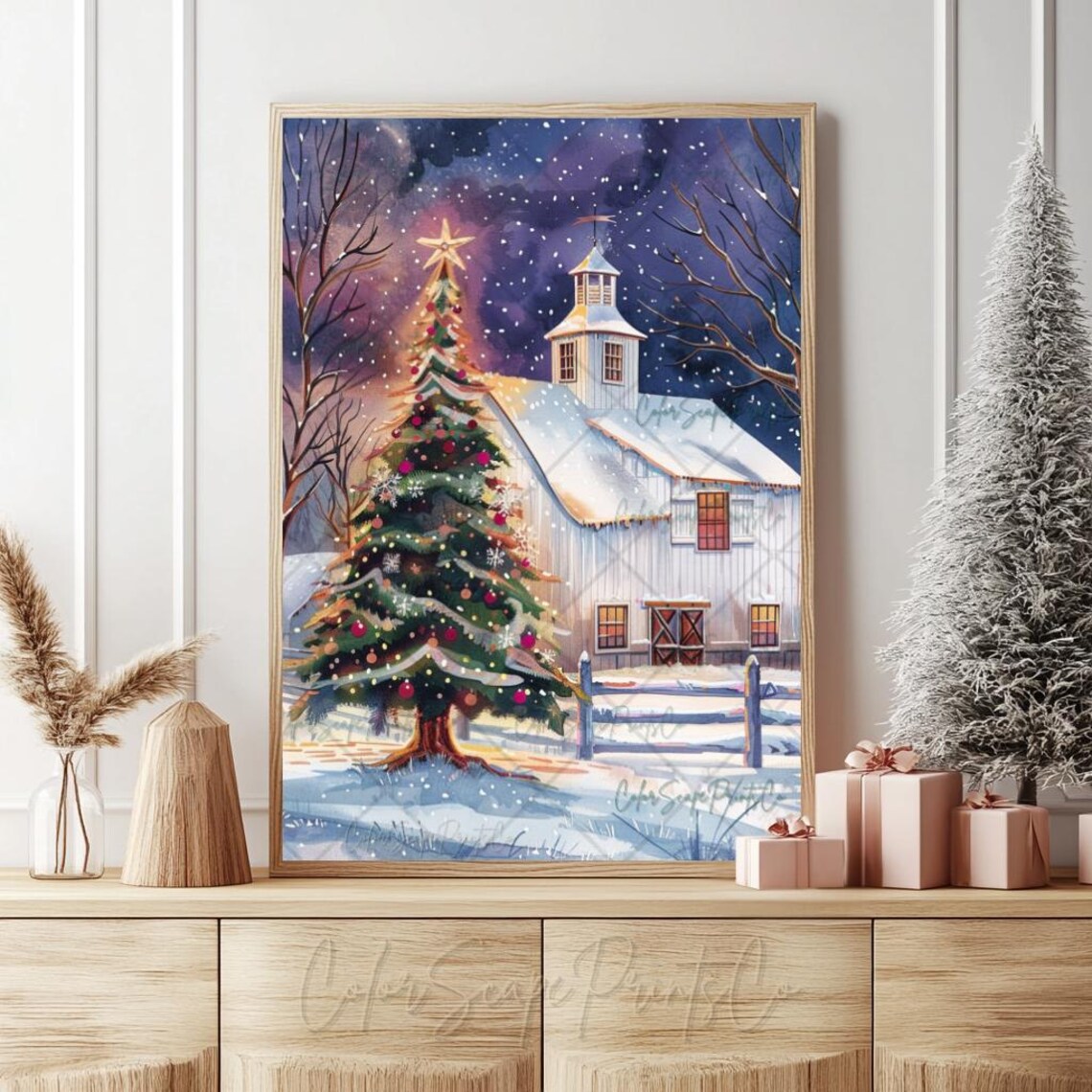White Barn with Lit Christmas Tree in Snow Night Watercolor Poster - Image 2
