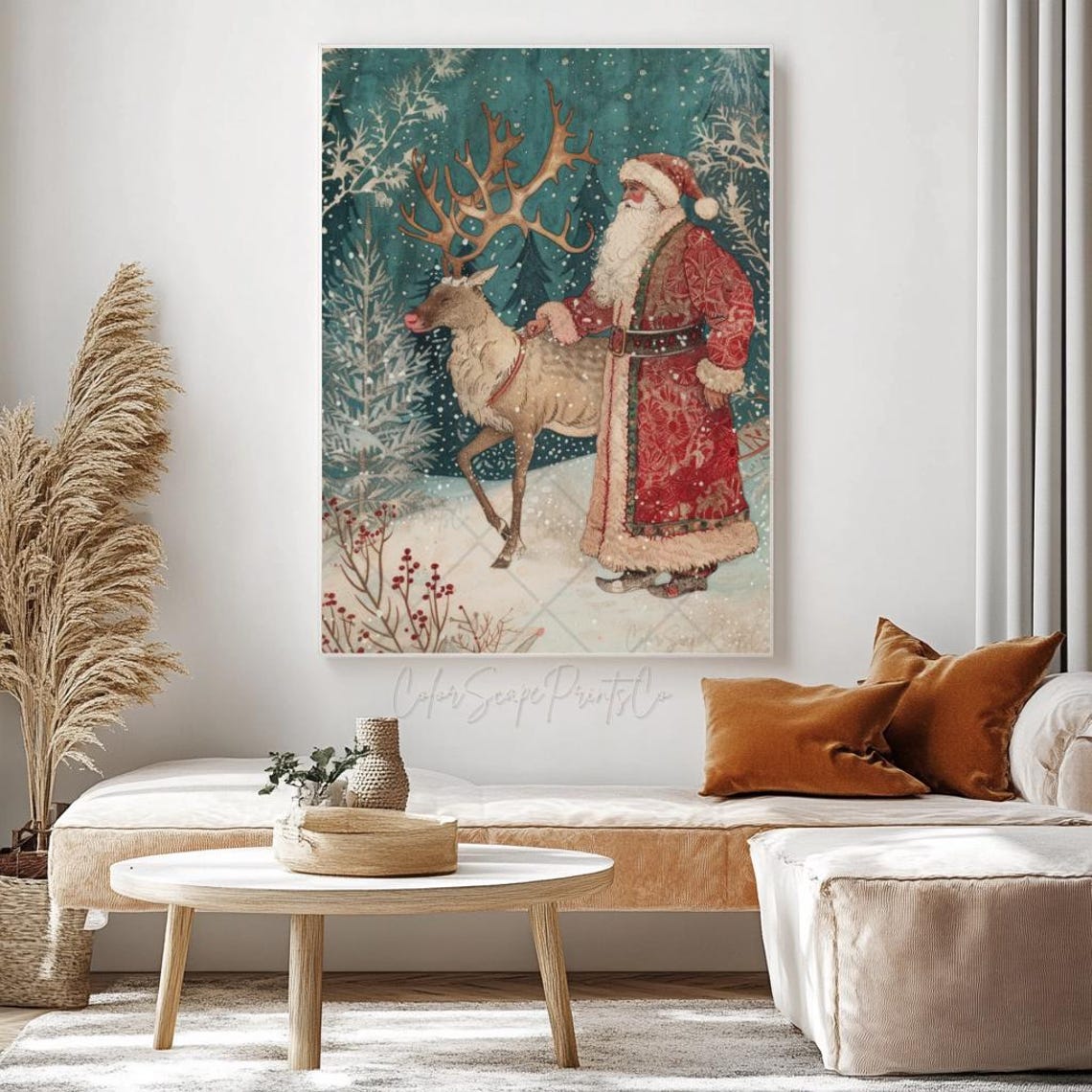 Vintage Santa Claus and Reindeer Christmas Snowy Teal Forest Poster - Image 4