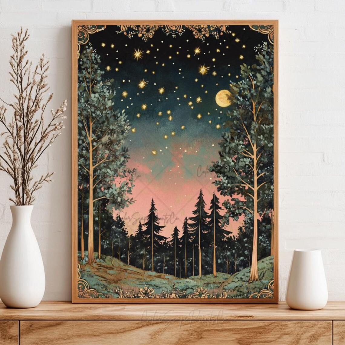 Moon and Stars Dark Forest Vintage Landscape Art Print - Image 2