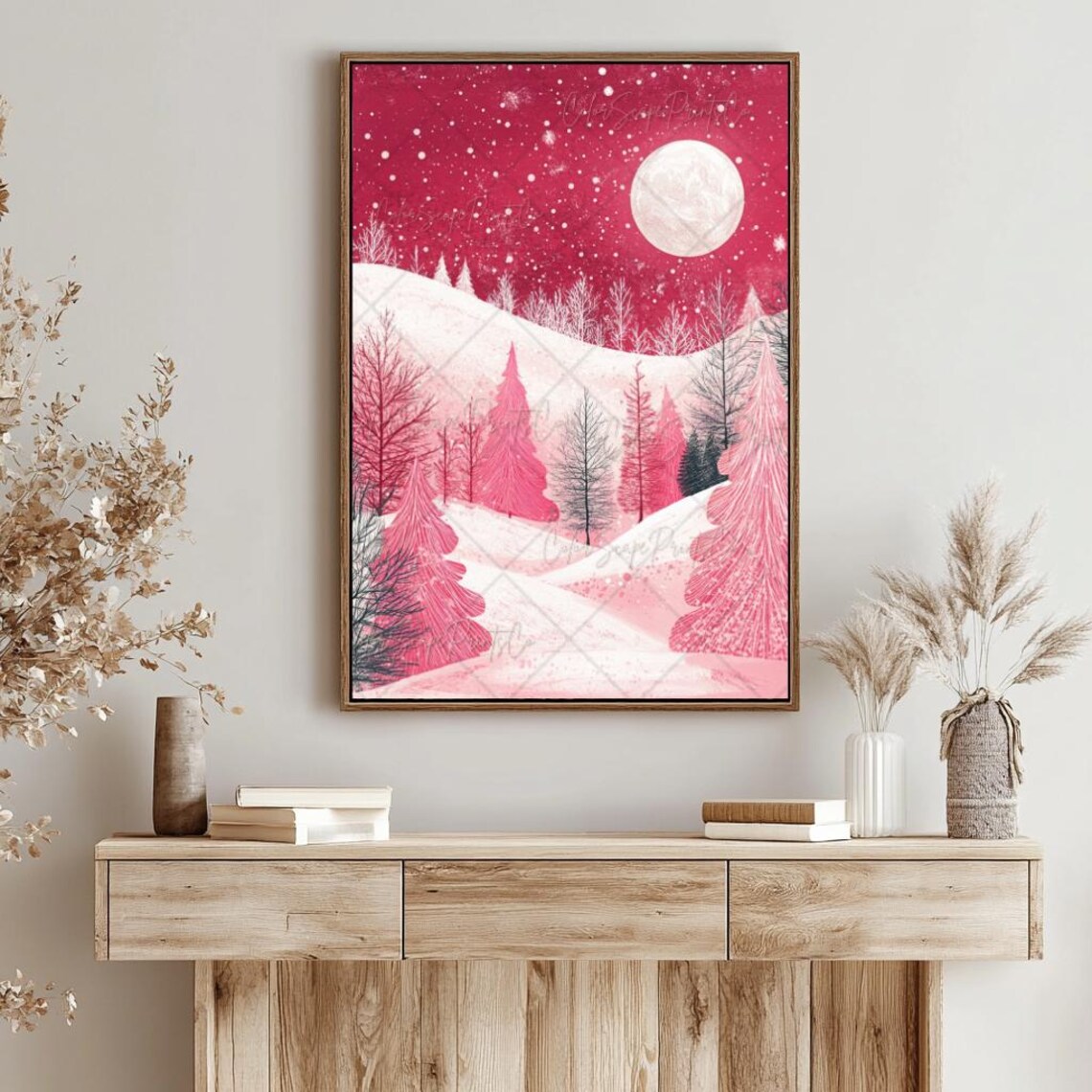 Pink Moonlit Snowy Forest with Full Moon Dreamy Winter Art Poster - Image 3