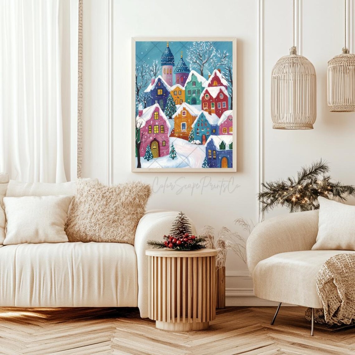 Colorful Snowy Christmas Village Under Starry Blue Sky Painting Poster - Image 3
