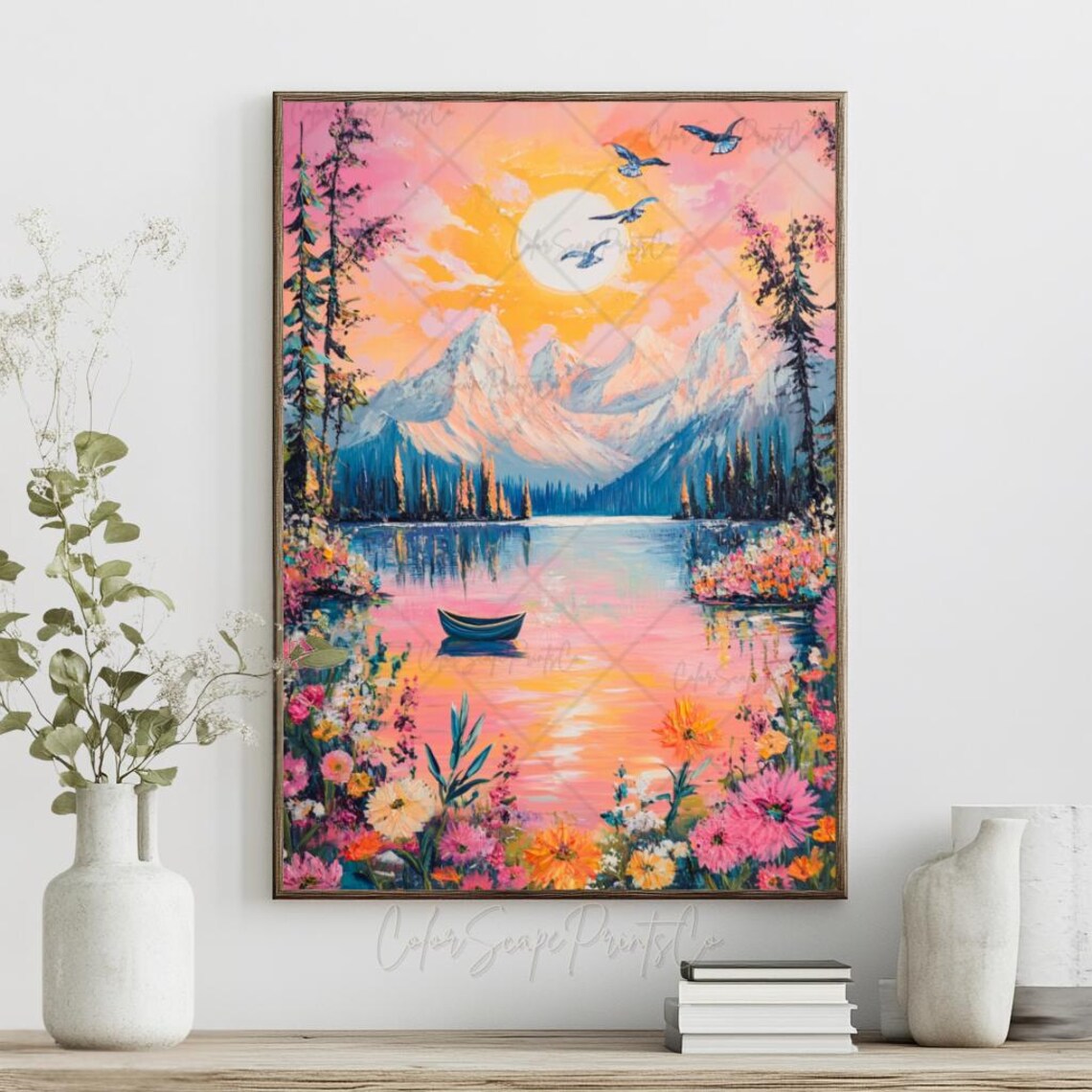 Mountain Lake Sunrise with Canoe Birds and Wildflowers Poster - Image 4