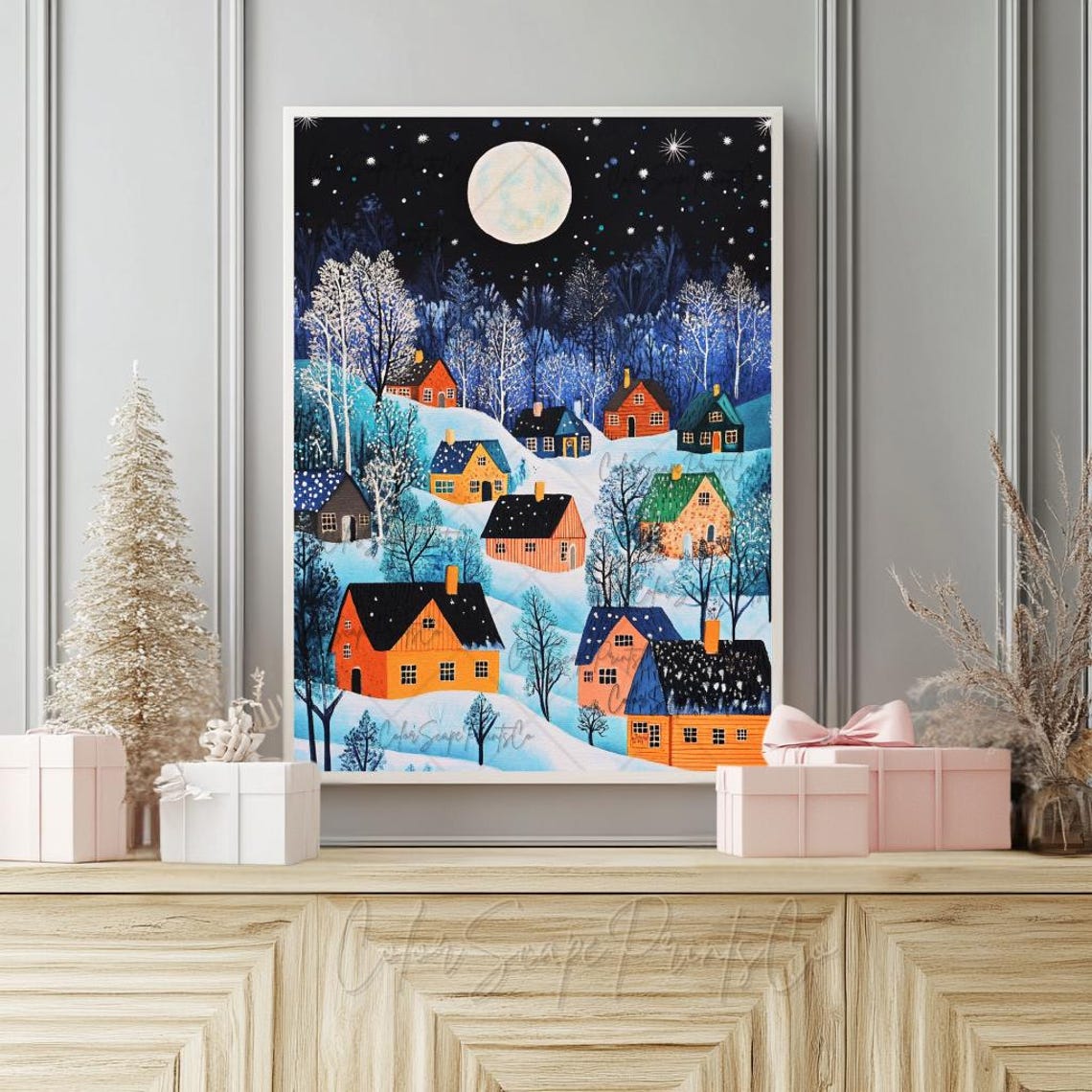 Winter Village Moonlit Snow Night Folk Art Holiday Christmas Poster - Image 2